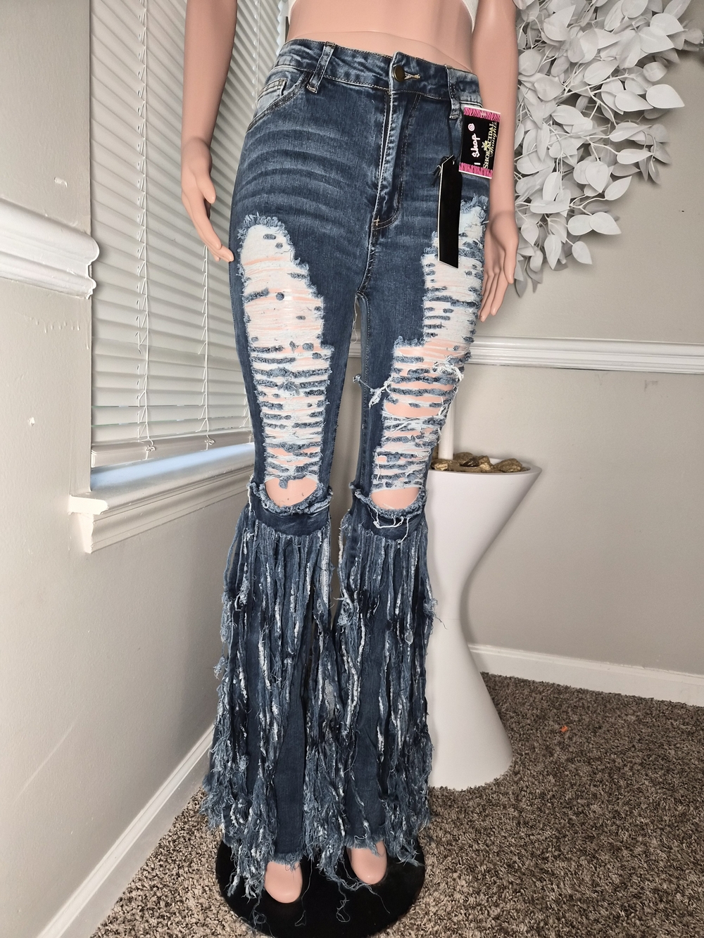 High-Rise Distressed Fringe Hem Women’s Jeans - Blue